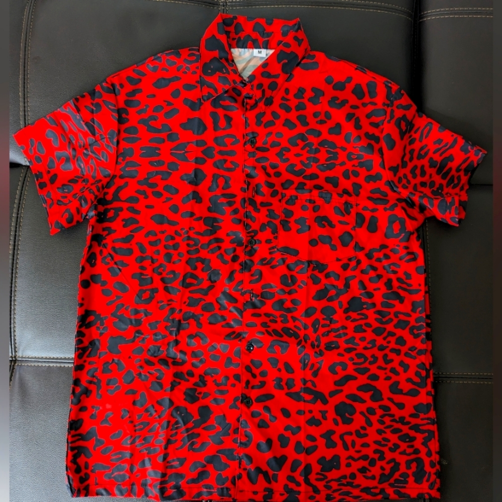 Punk Red Leopard Print Cheetah Print Button Down … - image 1